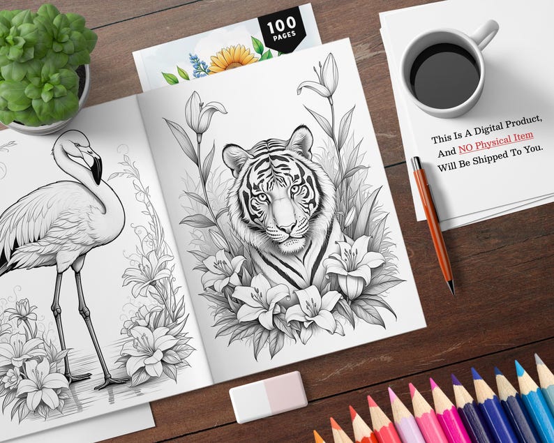 100 Animal in Flowers Coloring Book for Adult, Grayscale Coloring Pages ...