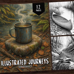 May include: A digital coloring book titled "Illustrated Journeys" with 12 pages. The cover features a steaming mug of coffee on a stone, with a forest scene. The book includes grayscale illustrations of outdoor scenes, such as a canoe and hiking boots.