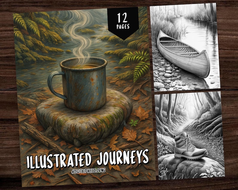 May include: A digital coloring book titled "Illustrated Journeys" with 12 pages. The cover features a steaming mug of coffee on a stone, with a forest scene. The book includes grayscale illustrations of outdoor scenes, such as a canoe and hiking boots.