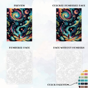 Peut inclure: A pr&eacute;sentation d'une image de coloriage par num&eacute;ros color&eacute;e avec une personne debout dans une sc&egrave;ne cosmique. L'image est &eacute;galement montr&eacute;e color&eacute;e, num&eacute;rot&eacute;e, et comme une page num&eacute;rot&eacute;e et une page sans num&eacute;ros. Une palette de couleurs est incluse.