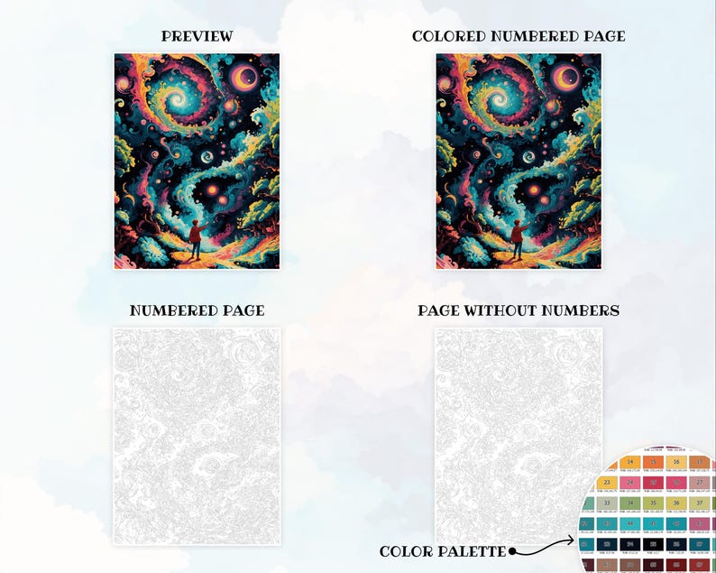 Peut inclure: A pr&eacute;sentation d'une image de coloriage par num&eacute;ros color&eacute;e avec une personne debout dans une sc&egrave;ne cosmique. L'image est &eacute;galement montr&eacute;e color&eacute;e, num&eacute;rot&eacute;e, et comme une page num&eacute;rot&eacute;e et une page sans num&eacute;ros. Une palette de couleurs est incluse.