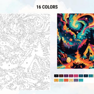 May include: Paint by numbers kit featuring a colorful night sky with a swirling galaxy, a campfire, and a tent in the foreground. The kit includes 16 colors.