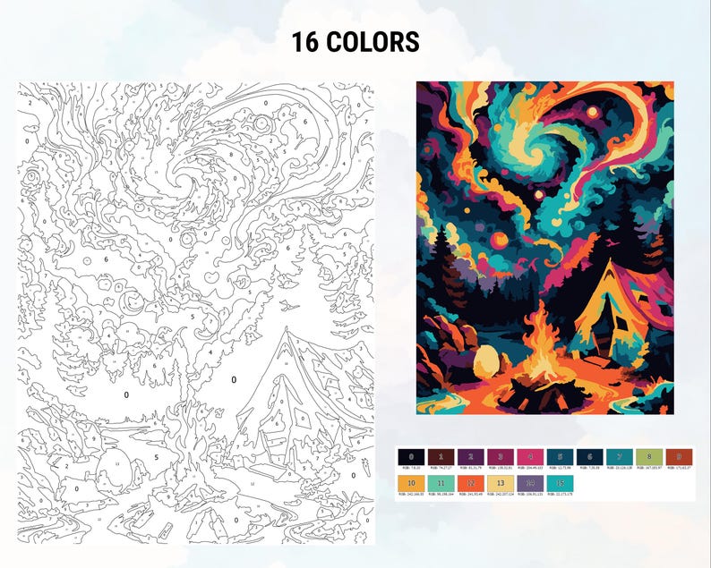 May include: Paint by numbers kit featuring a colorful night sky with a swirling galaxy, a campfire, and a tent in the foreground. The kit includes 16 colors.