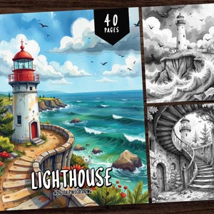 May include: A digital coloring book featuring a lighthouse on a rocky cliff overlooking a blue ocean. The book has 40 pages and is titled "Lighthouse #DIGITALPENCOLORING".