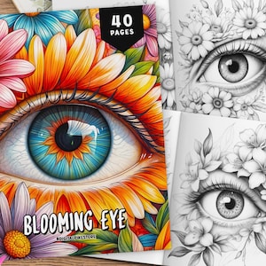 May include: A coloring book cover featuring a colorful eye surrounded by flowers. The title of the book is "Blooming Eye" and the text "DIGITALPIKSTORE" is below the title.