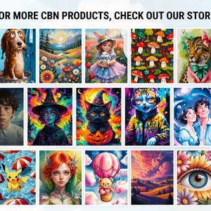 May include: A selection of vibrant art prints showcasing diverse imagery, such as a dog in a bath, a girl with a rabbit, a black cat on a pumpkin, and a couple looking upwards. The text "FOR MORE CBN PRODUCTS, CHECK OUT OUR STORE!" is displayed.