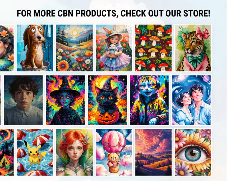 May include: A selection of vibrant art prints showcasing diverse imagery, such as a dog in a bath, a girl with a rabbit, a black cat on a pumpkin, and a couple looking upwards. The text "FOR MORE CBN PRODUCTS, CHECK OUT OUR STORE!" is displayed.