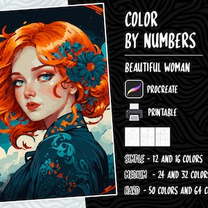 Color by Numbers, Digital Coloring Pages, Paint by Numbers, Procreate Coloring Book, Adults Coloring Book, Woman Coloring by Numbers