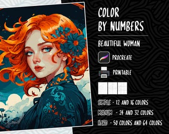 May include: Color by numbers coloring page featuring a woman with red hair and a blue and green floral design on her clothing. The text "COLOR BY NUMBERS" and "BEAUTIFUL WOMAN" is at the top of the image. The text "PROCREATE" and "PRINTABLE" is below the title. The text "SIMPLE - 12 AND 16 COLORS", "MEDIUM - 24 AND 32 COLORS", and "HARD - 50 COLORS AND 64 COLORS" is at the bottom of the image.