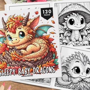 大人と子供向けの130の眠そうな赤ちゃんドラゴンの塗り絵、塗り絵シート、グレースケールの塗り絵ページ、かわいい塗り絵、ファンタジー塗り絵