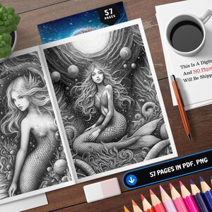 Puede incluir: P&aacute;ginas de libro para colorear de sirenas en blanco y negro con ilustraciones detalladas. La imagen incluye una taza de caf&eacute;, l&aacute;pices de colores y el texto "This Is A Digital Product, And NO Physical Item Will Be Shipped To You."