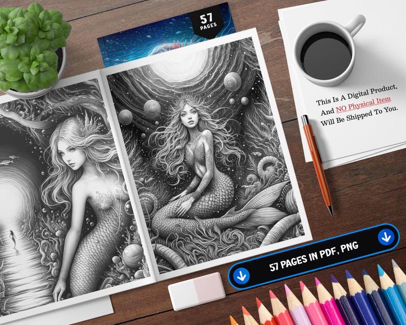 Puede incluir: P&aacute;ginas de libro para colorear de sirenas en blanco y negro con ilustraciones detalladas. La imagen incluye una taza de caf&eacute;, l&aacute;pices de colores y el texto "This Is A Digital Product, And NO Physical Item Will Be Shipped To You."