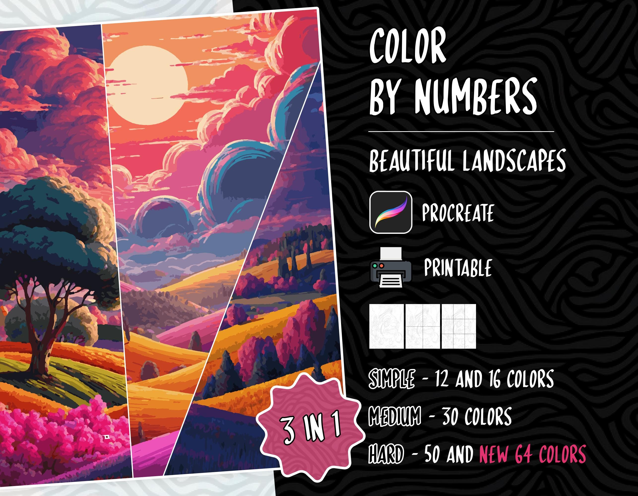 Colorea por números Páginas de colorear digitales para adultos | PDF, PNG, SVG imprimibles + Libro apaisado para Procreate