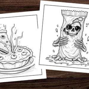 May include: A black and white illustration of a pie with eyes and a skull holding a bag of candy. The pie has a crust and a filling with eyes. The skull is wearing a bag of candy on its head and is holding the bag with its hands. The skull is smiling.