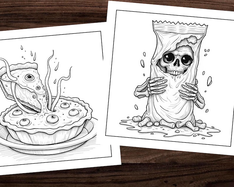 May include: A black and white illustration of a pie with eyes and a skull holding a bag of candy. The pie has a crust and a filling with eyes. The skull is wearing a bag of candy on its head and is holding the bag with its hands. The skull is smiling.