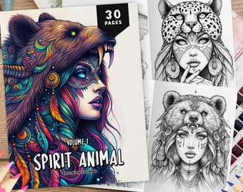 30 Spirit Animal Coloring Book Volume 1, Grayscale Coloring Pages, Coloring Sheets, Fantasy Coloring, Animal Coloring Book, Instant Download