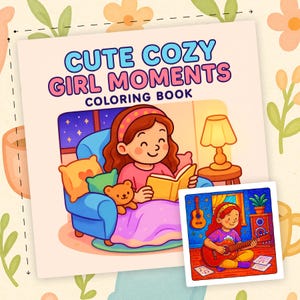 May include: A colouring book titled "Cute Cozy Girl Moments" features a cartoon girl reading in a cosy setting. The cover art shows the girl in a blue armchair with a teddy bear, a lamp, and pillows. A smaller image shows the girl playing guitar.