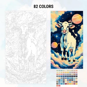 May include: A paint by numbers kit featuring a white cow with horns standing on clouds in a starry sky with planets. The kit includes 82 colors.