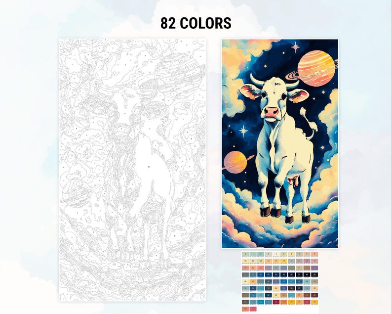 May include: A paint by numbers kit featuring a white cow with horns standing on clouds in a starry sky with planets. The kit includes 82 colors.