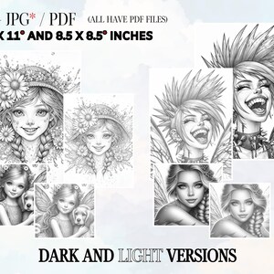 May include: A set of eight printable coloring pages featuring different fairy illustrations. The fairies are depicted in both light and dark versions. The images are 8.5 inches by 11 inches and 8.5 inches by 8.5 inches.