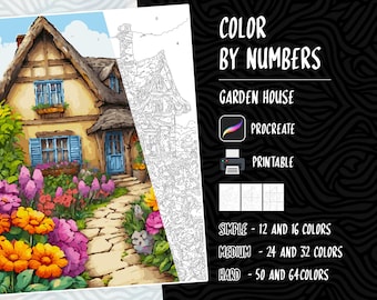May include: Color by numbers printable art featuring a cottage with a garden path and flowers. The image includes the text "COLOR BY NUMBERS", "GARDEN HOUSE", "PROCREATE", "PRINTABLE", "SIMPLE - 12 AND 16 COLORS", "MEDIUM - 24 AND 32 COLORS", and "HARD - 50 AND 64 COLORS".