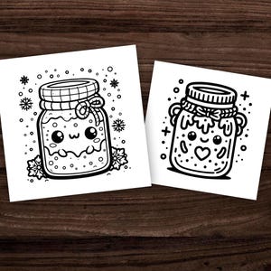 Puede incluir: Dos dibujos en blanco y negro de lindos frascos de dibujos animados con tapas y caras. Los frascos est&aacute;n llenos de un l&iacute;quido y tienen una forma de coraz&oacute;n en la parte delantera. Los frascos est&aacute;n rodeados de copos de nieve y otros elementos decorativos.