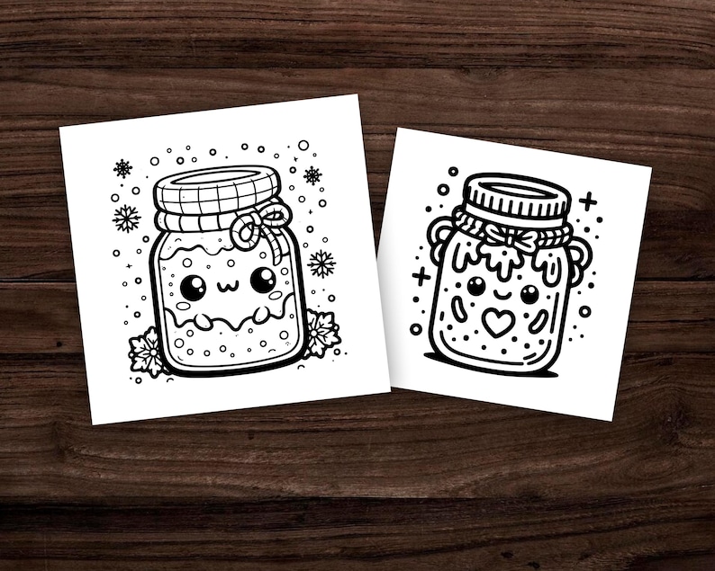 Puede incluir: Dos dibujos en blanco y negro de lindos frascos de dibujos animados con tapas y caras. Los frascos est&aacute;n llenos de un l&iacute;quido y tienen una forma de coraz&oacute;n en la parte delantera. Los frascos est&aacute;n rodeados de copos de nieve y otros elementos decorativos.
