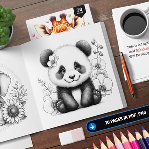 K&ouml;nnte beinhalten: Ein Schwarzwei&szlig;-Malbuch mit 70 Seiten mit Illustrationen eines Pandas und eines Elefanten. Der Text "This Is A Digital Product, And NO Physical Item Will Be Shipped To You." ist auf dem Cover gedruckt.
