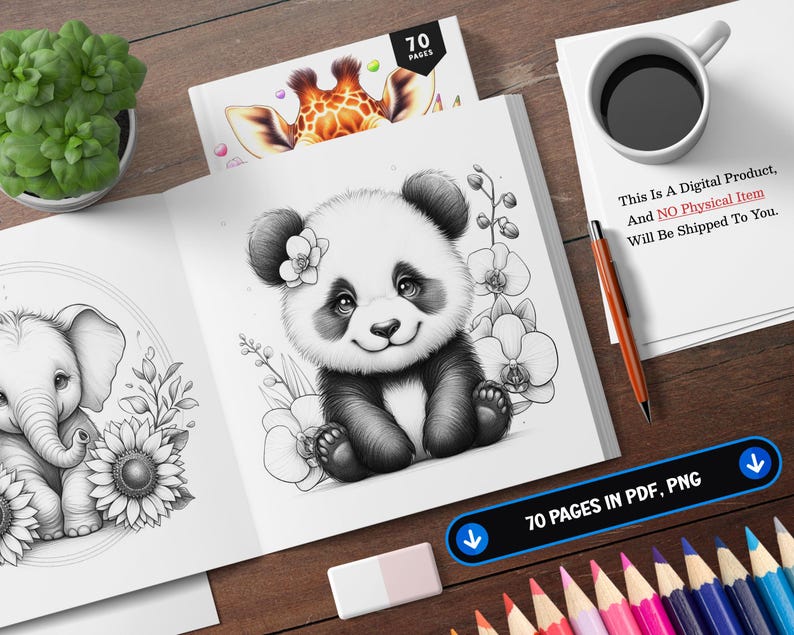 K&ouml;nnte beinhalten: Ein Schwarzwei&szlig;-Malbuch mit 70 Seiten mit Illustrationen eines Pandas und eines Elefanten. Der Text "This Is A Digital Product, And NO Physical Item Will Be Shipped To You." ist auf dem Cover gedruckt.