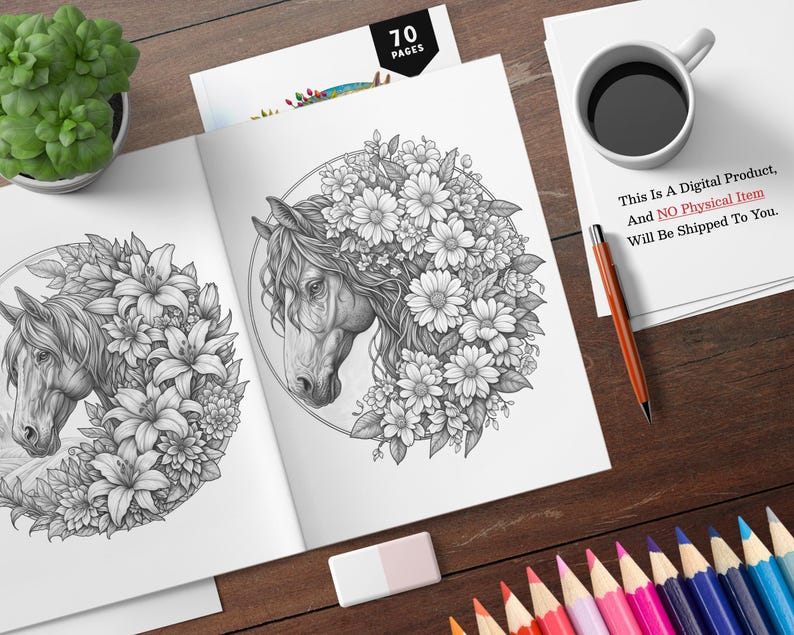 May include: A black and white coloring book with 70 pages featuring two horse heads surrounded by flowers. The book is open to a page with a horse head surrounded by daisies. The text "This Is A Digital Product, And NO Physical Item Will Be Shipped To You." is visible on a white sheet of paper.