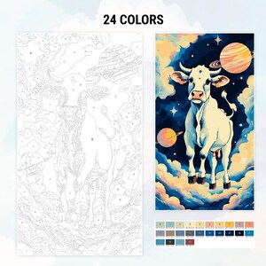 May include: A paint by numbers kit featuring a white cow standing in a field of clouds with planets and stars in the background. The kit includes 24 colors.