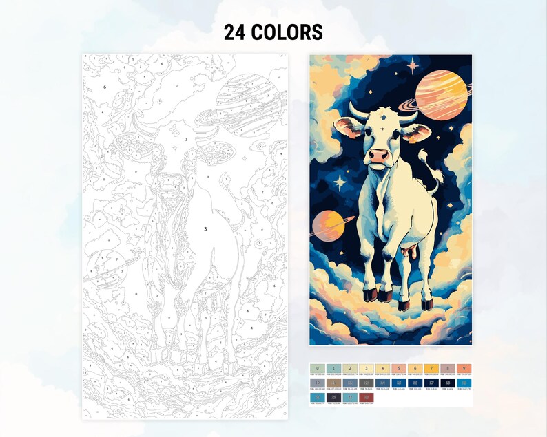 May include: A paint by numbers kit featuring a white cow standing in a field of clouds with planets and stars in the background. The kit includes 24 colors.