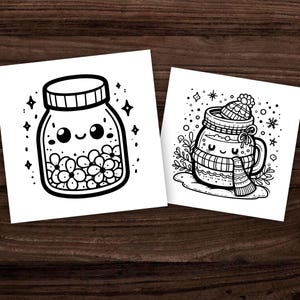 Puede incluir: Ilustraci&oacute;n en blanco y negro de l&iacute;nea de arte de un frasco con una cara linda y una taza con una cara linda que lleva un sombrero y una bufanda. El frasco est&aacute; lleno de peque&ntilde;os c&iacute;rculos. La taza est&aacute; rodeada de hojas y copos de nieve.