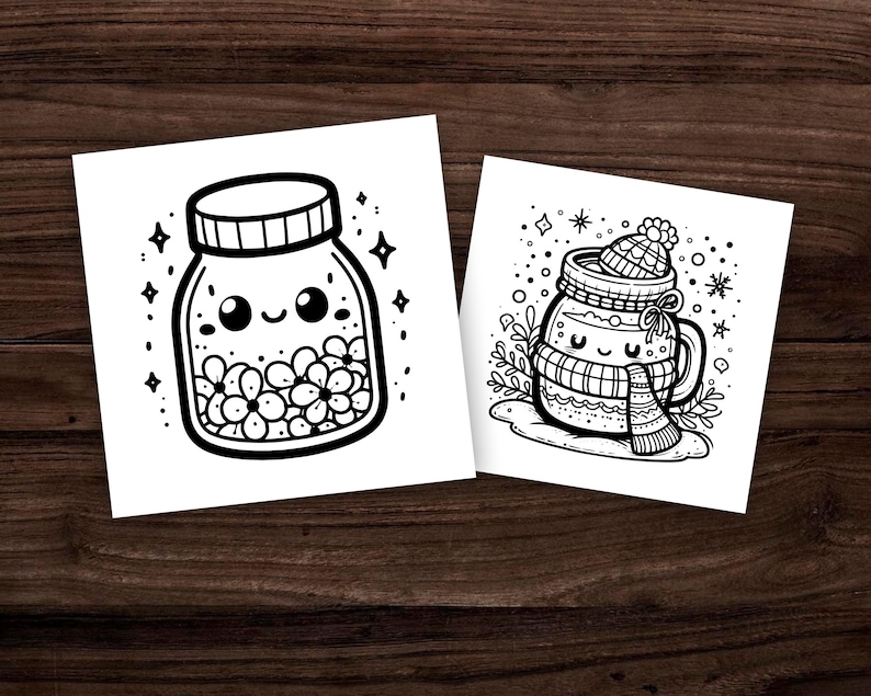 Puede incluir: Ilustraci&oacute;n en blanco y negro de l&iacute;nea de arte de un frasco con una cara linda y una taza con una cara linda que lleva un sombrero y una bufanda. El frasco est&aacute; lleno de peque&ntilde;os c&iacute;rculos. La taza est&aacute; rodeada de hojas y copos de nieve.