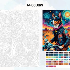 Peut inclure: Un kit de peinture par num&eacute;ros repr&eacute;sentant un chien en blouson de motard sur une moto, avec un arri&egrave;re-plan de paysage d&eacute;sertique. Le kit comprend un nuancier de 64 couleurs et un contour d&eacute;taill&eacute; pour la peinture.