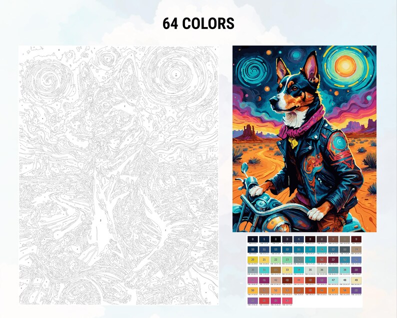 Peut inclure: Un kit de peinture par num&eacute;ros repr&eacute;sentant un chien en blouson de motard sur une moto, avec un arri&egrave;re-plan de paysage d&eacute;sertique. Le kit comprend un nuancier de 64 couleurs et un contour d&eacute;taill&eacute; pour la peinture.