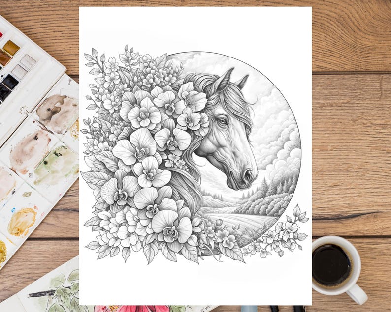 May include: A black and white pencil drawing of a horse's head with flowers around it. The horse is looking to the right and the background is a landscape with trees and a path.