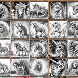 May include: A collection of 18 black and white illustrations of unicorns with various spooky and gothic details. The unicorns are depicted in different poses and with different expressions, some with horns, wings, and flowers.
