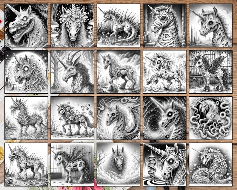 May include: A collection of 18 black and white illustrations of unicorns with various spooky and gothic details. The unicorns are depicted in different poses and with different expressions, some with horns, wings, and flowers.