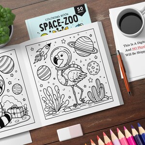 以下が含まれることがあります： 「Space-Zoo」と書いてある表紙の白黒塗り絵。宇宙服を着たフラミンゴとアライグマの漫画が描かれている。この本は50ページです。