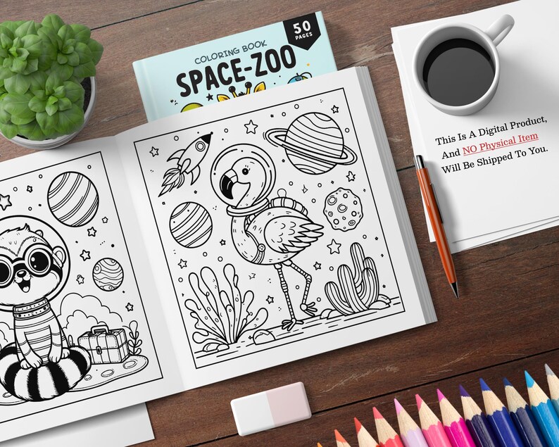 以下が含まれることがあります： 「Space-Zoo」と書いてある表紙の白黒塗り絵。宇宙服を着たフラミンゴとアライグマの漫画が描かれている。この本は50ページです。