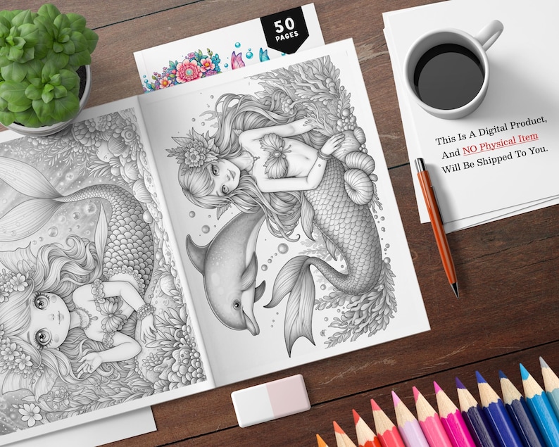 May include: A coloring book with 50 pages featuring two mermaids with long flowing hair and tails. The mermaids are surrounded by sea life, including a dolphin, seaweed, and seashells. The book is printed in black and white.