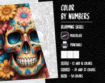 May include: Color by numbers coloring page featuring a sugar skull with floral designs. The skull is decorated with bright colors, including pink, blue, yellow, and green. The title "BLOOMING SKULL" is at the top of the page. The page is labeled as "Procreate" and "Printable".