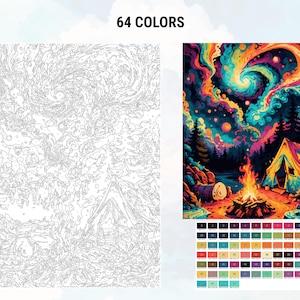 May include: A paint by numbers kit featuring a colorful night sky with a swirling galaxy, a campfire, and a tent in a forest. The kit includes 64 colors.