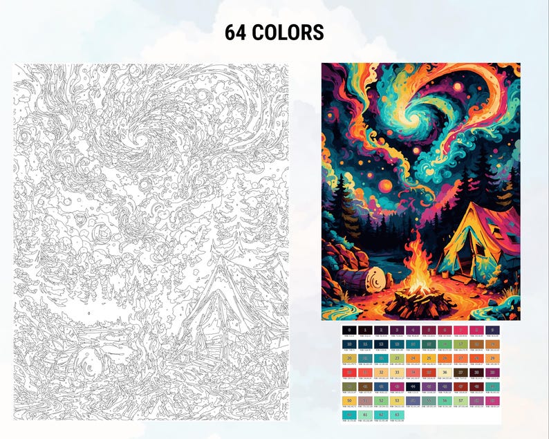 May include: A paint by numbers kit featuring a colorful night sky with a swirling galaxy, a campfire, and a tent in a forest. The kit includes 64 colors.