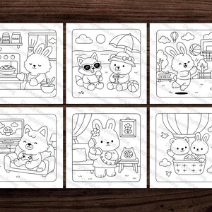 May include: Six black and white coloring pages featuring adorable cartoon animals in various scenes. One shows a bunny baking, another a fox and bear with ice cream, and a bunny playing basketball. Other scenes include a cat playing video games, a bunny with a phone, and a bear and bunny in a basket.