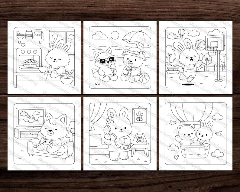 May include: Six black and white coloring pages featuring adorable cartoon animals in various scenes. One shows a bunny baking, another a fox and bear with ice cream, and a bunny playing basketball. Other scenes include a cat playing video games, a bunny with a phone, and a bear and bunny in a basket.