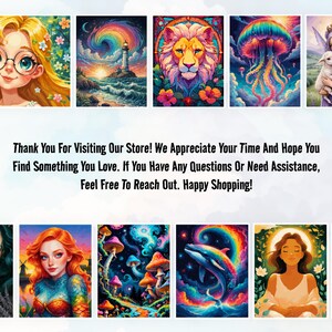 May include: A selection of vibrant art prints with fantasy and nature themes. The images include a girl, a lighthouse, a lion, a jellyfish, a fairy, and other illustrations. Text reads: Thank You For Visiting Our Store! We appreciate your time.