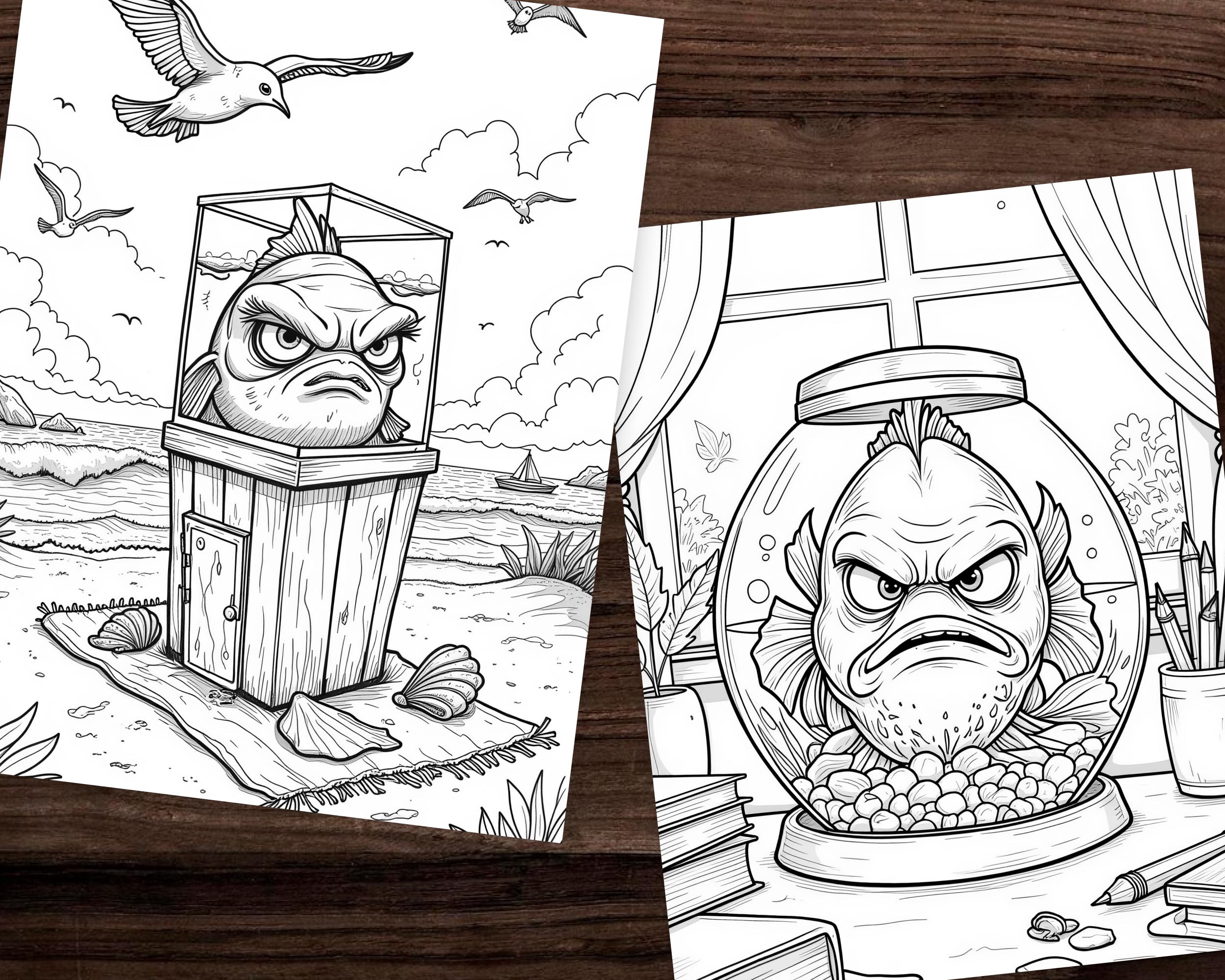 40 Angry Fish Coloring Book, Grayscale Coloring, Coloring Sheets ...
