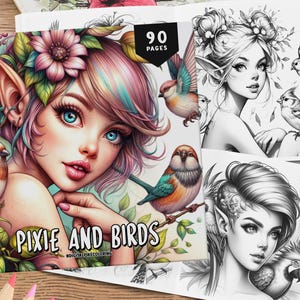 90 målarbilder med älvor och fåglar, målarbilder i gråskala, målarbilder, fantasimålarbilder, målarbok med älvor, målarbok med kvinnor